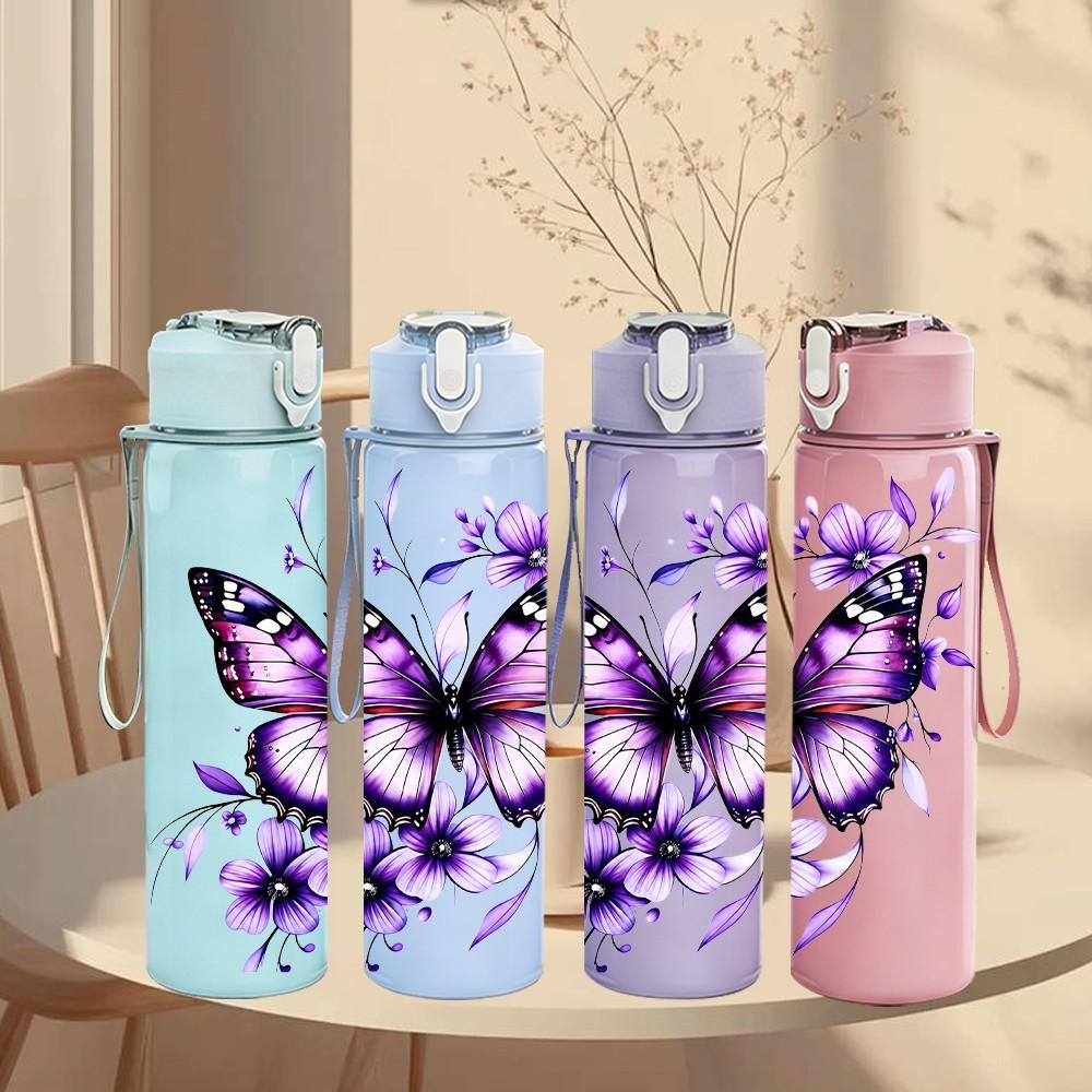 1PC Purple Butterfly Flower Pattern 750ml Color Plastic Sports Water Bottle Leakproof Flip Straw Lid Suitable for Sports Office Home Use