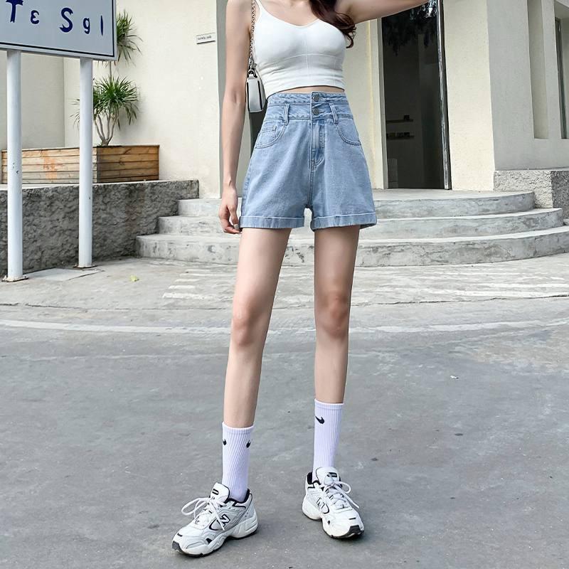 Wygodne Obcisłe Modne i Wszechstronne Białe Jeansowe Szorty z Bardzo Wysokim Stanem Damskie Letnie Podwójna Klamra Podwinięty Brzeg Luźne Szerokie Nogawki Spodnie o Kroju A