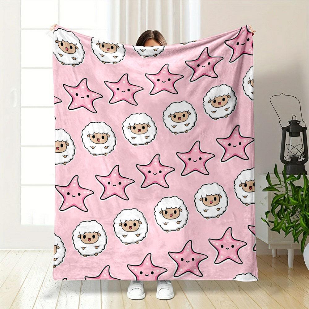 Cute Sheep Star Pattern Pink Blanket bedroom Blanket for Livingroom Couch lunch break Soft throw for Friend's festival Gift