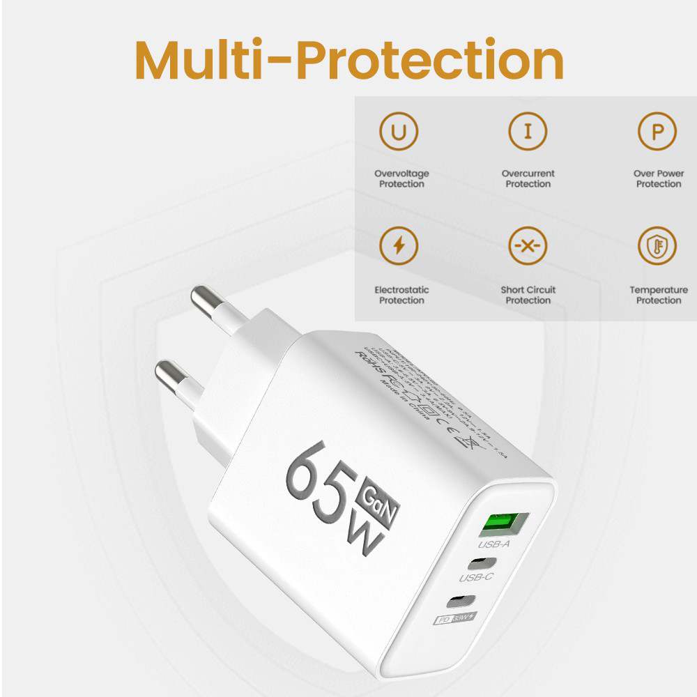 Gesamt 65W GaN Ladegerät USB PD Typ C Schnellladung 3 Anschlüsse Handy-Adapter QC3.0 Für iPhone Pro Max Samsung Galaxy Xiaomi