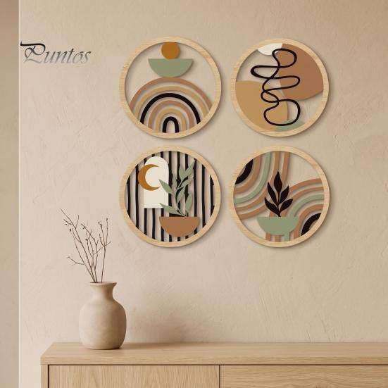 Wooden Interior Wall Decorations 4Pcs Boho Art , 2D Flat Round Hanging Signs, Modern Geometric Vintage Farmhouse Signs Wood Decor, Bohemian