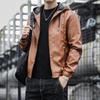 Hooded Leather Men's New Autumn and Winter Korean Version of Thin Velvet Leather Jacket Trend Casual Motorcycle Wear Cargo Coat