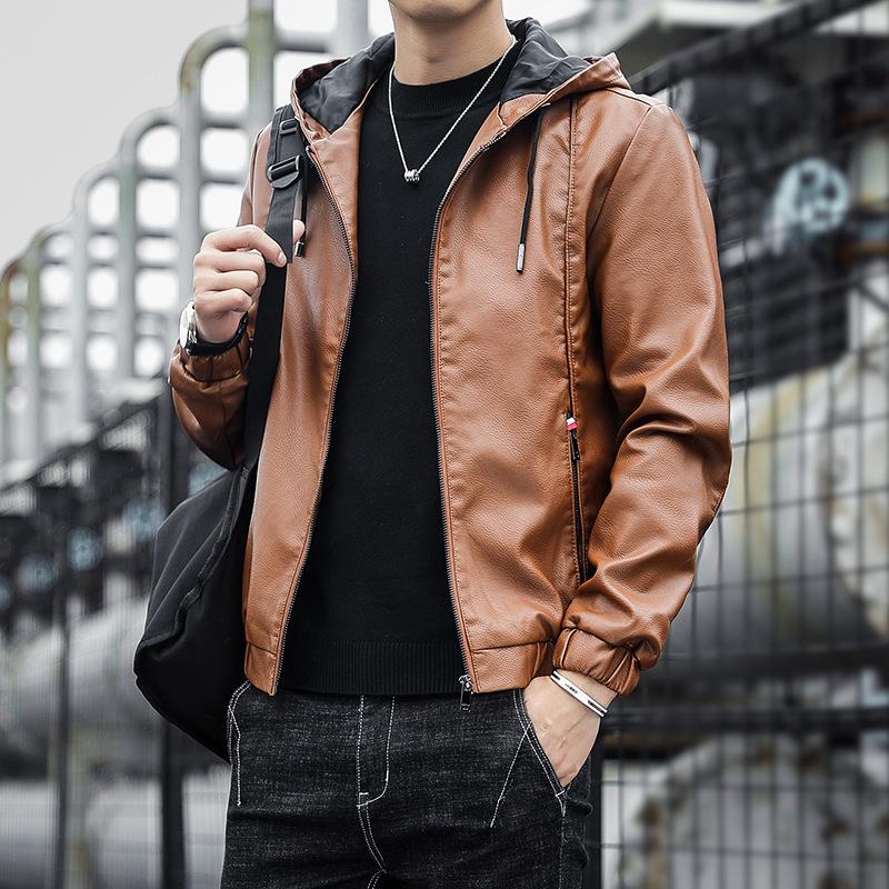 Hooded Leather Men's New Autumn and Winter Korean Version of Thin Velvet Leather Jacket Trend Casual Motorcycle Wear Cargo Coat