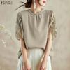 ZANZEA Women Casual Round Neck Loose Splice Short Sleeve Blouse