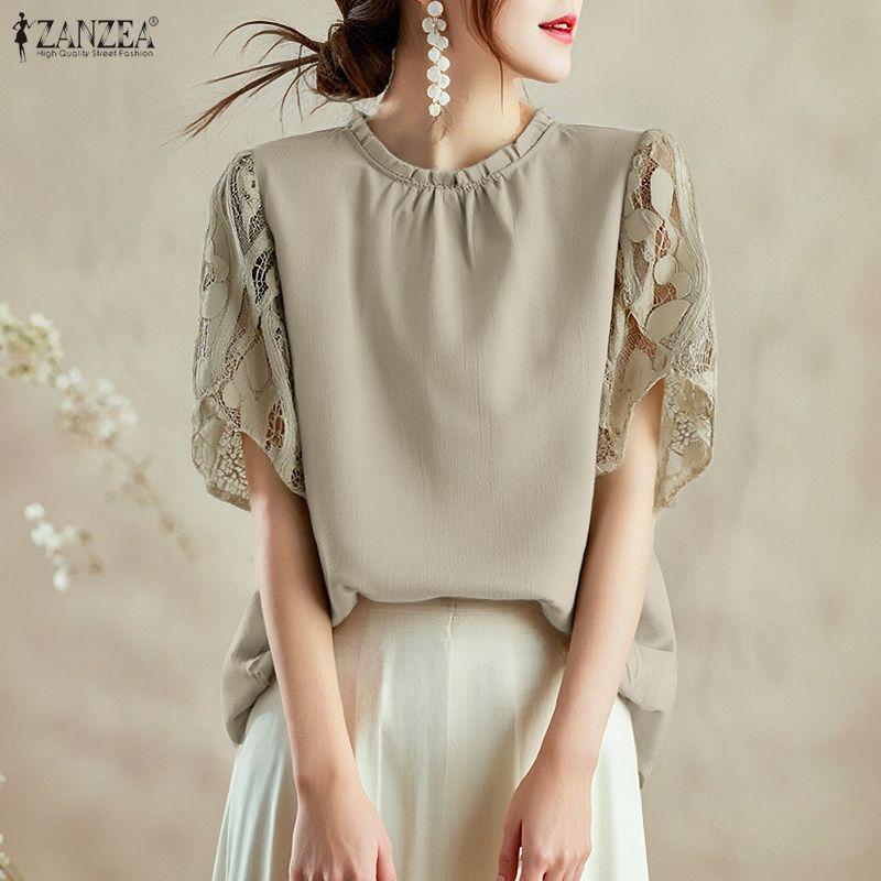 ZANZEA Women Casual Round Neck Loose Splice Short Sleeve Blouse