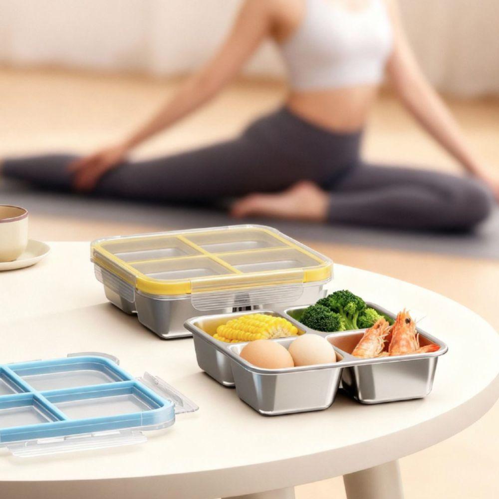Easy To Clean Square 4 Grid Lunch Box Leak-Proof 304 Stainless Steel Snack Box Microwave-safe Sealed Ice Cube Tray Kid