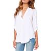 Summer Shirt Solid Color Ruched Loose Three Quarter Sleeves Low-cut Commute V Neck Plus Size Mid Length Summer Blouse Female Clothing