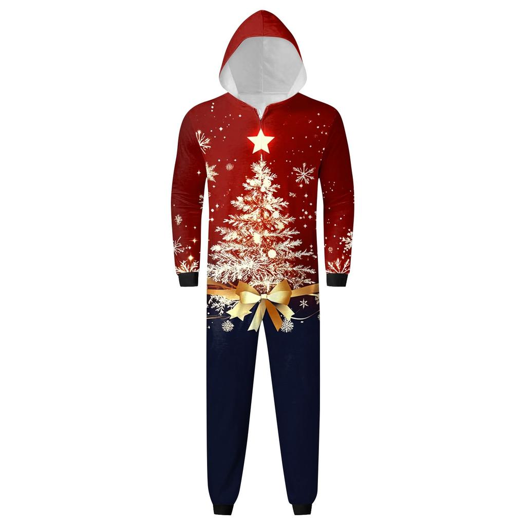 Christmas Print Parent-Child Outfit Hooded Zipper One-Piece Fashionable Home Suit Set
