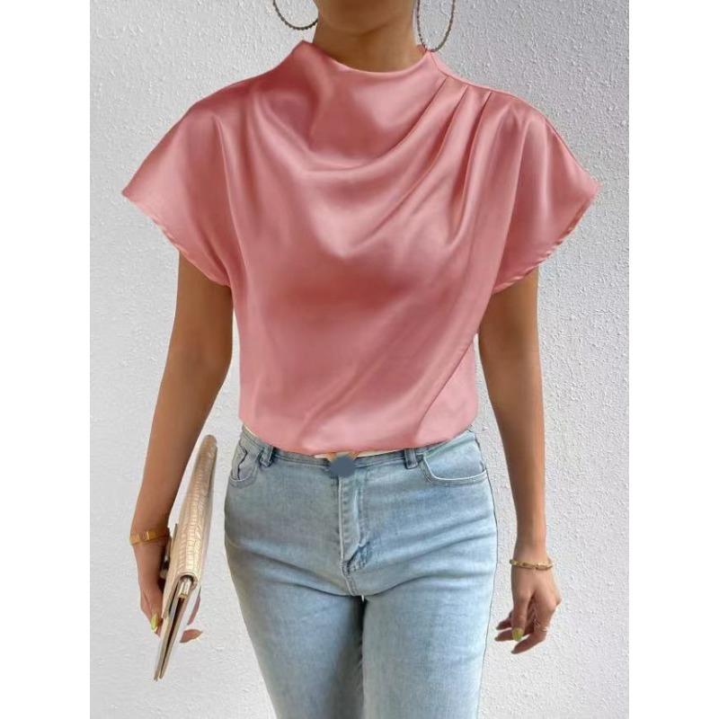 

2025 летняя атласная футболка с коротким рукавом, женская водолазка, элегантный свободный офисный женский топ, однотонная модная повседневная простая одежда 3425 XXL розовый