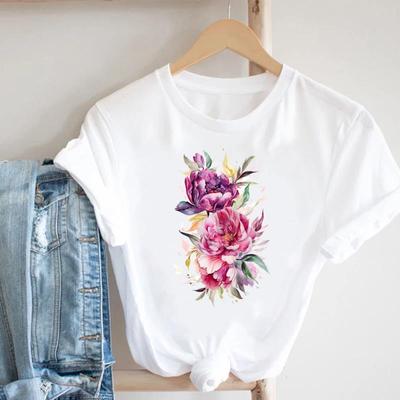(Asian Size) Flower Watercolor Trend 90s Women Print Lady Tee Top Clothing Casual Short Sleeve Fashion Tshirt Female Graphic T-shirts