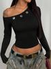 Women's Off-Shoulder Slanted Neck Crop Top - Slim Fit, Long Sleeve