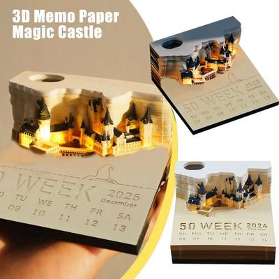 Zauberschloss 3D Notizblock 2025 Kalender Memo Pad Block Notizen Hary Design Notizpapier Schreibwarenzubehör Neuheit Geschenk mit Licht
