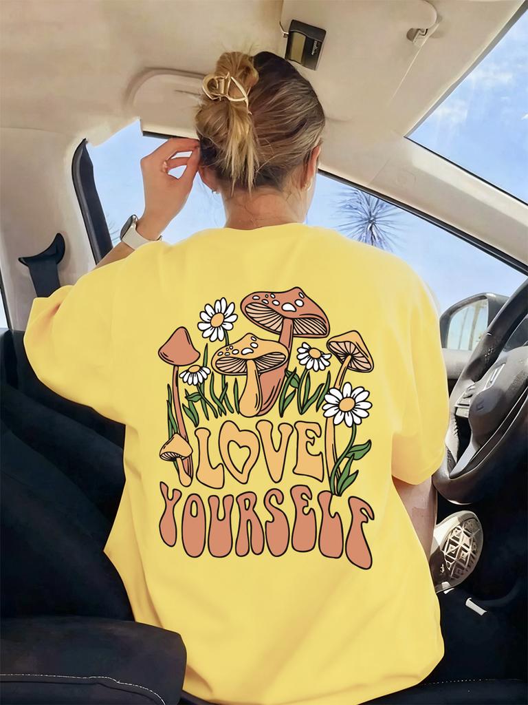 Love Yourself Mushrooms Flowers Prints TShirts Womens Summer Soft T Shirts Loose ONeck Tops Casual AllMatch Woman Clothes