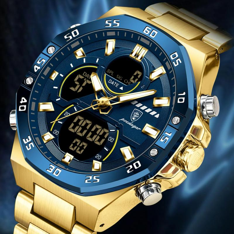 POEDAGAR Top Original Men Clock LED Luminous Waterproof Week Date Man Wristwatch Electronic Stainless Steel Quartz Men's Watches