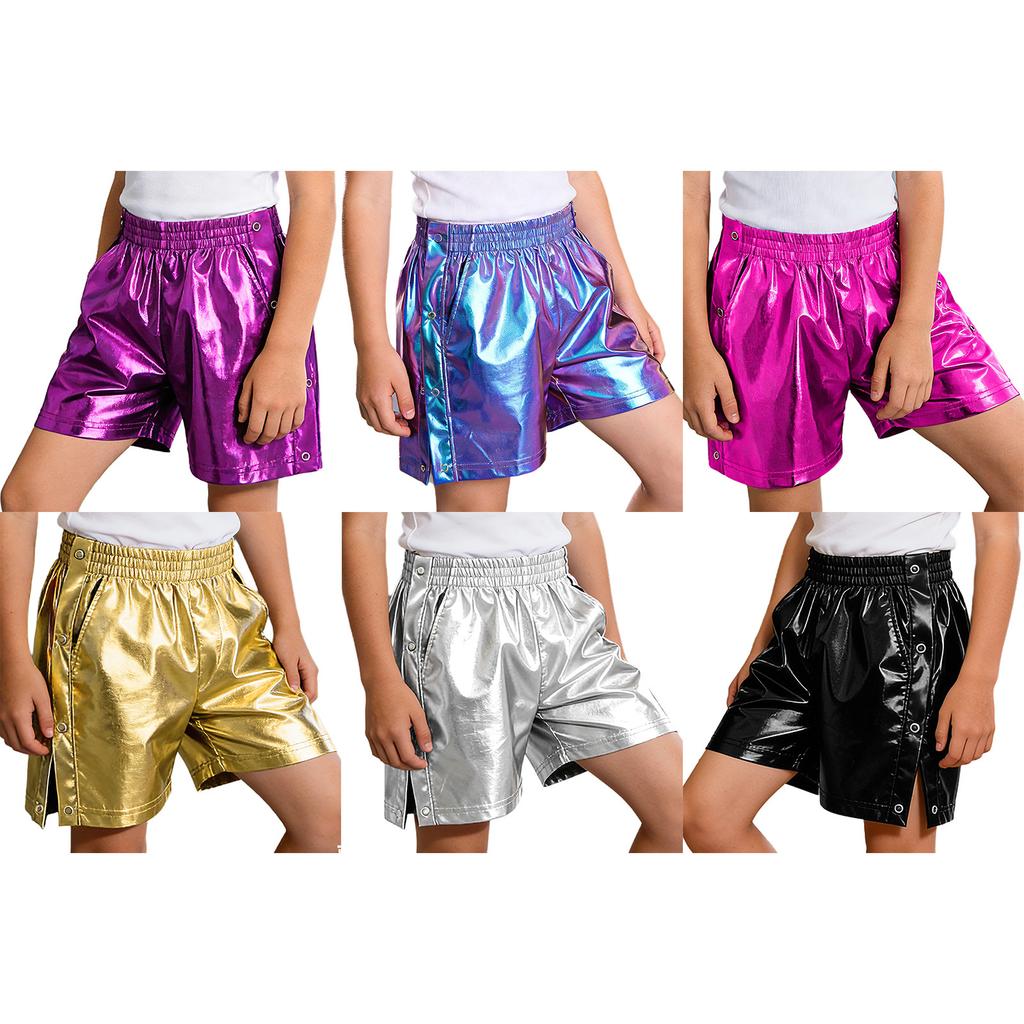 Unisex Kinderen Metallic Korte Broek Elastische Tailleband Afscheurbare Zijkant Drukknopen Zijzakken voor Hip Hop Dansfeest Podiumoptreden