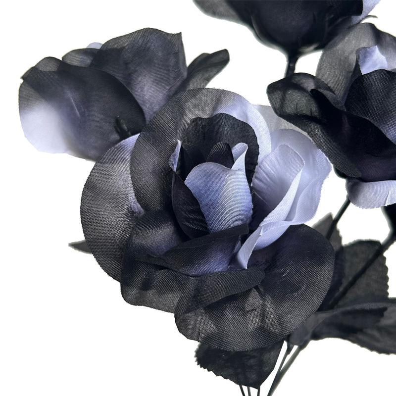 2Pcs 5 Heads 34cm Halloween Decor Realistic Fake Flower Bouquet Gothic Black & White Artificial Rose Flowers Branch