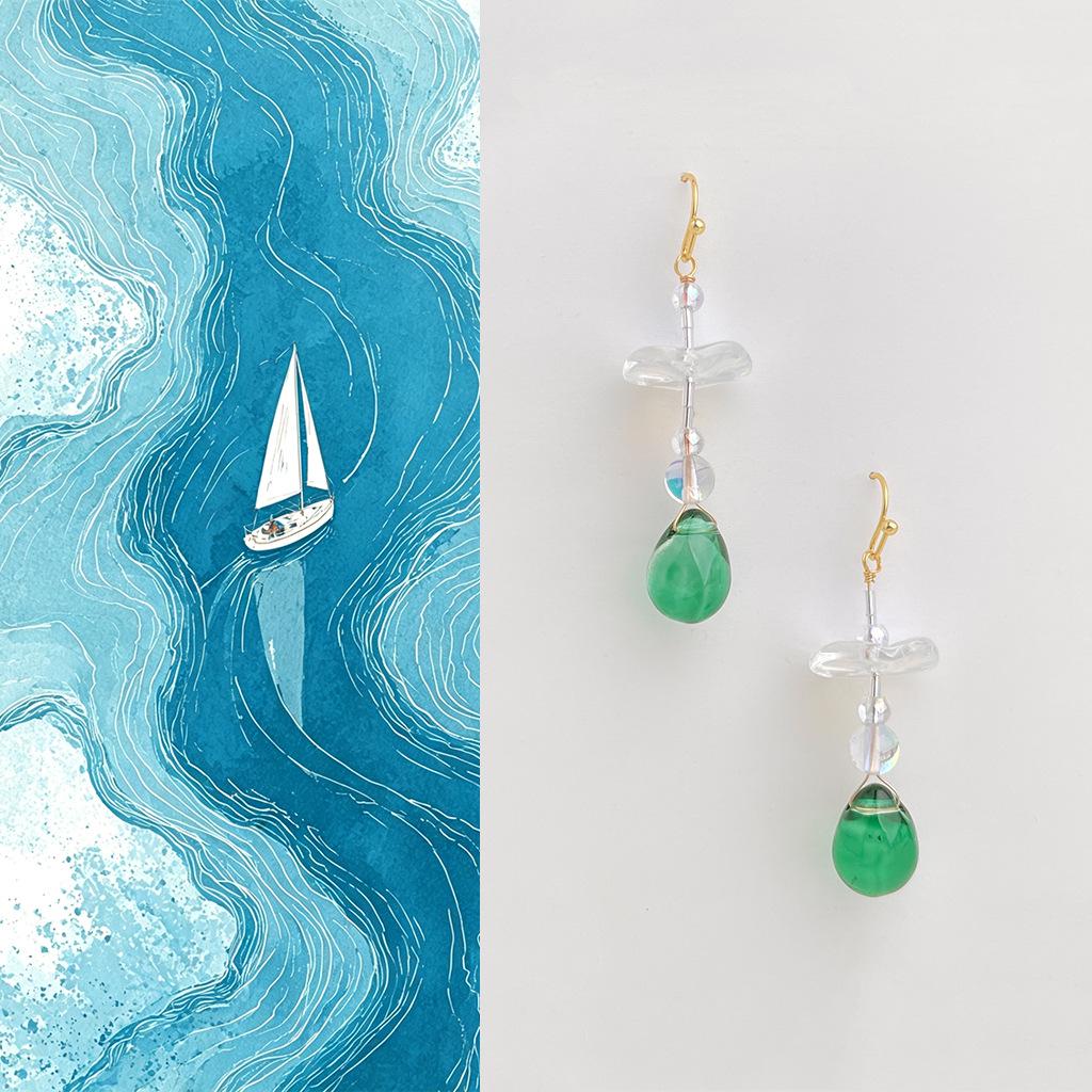 Original Chinese Style Lotus Leaf Tassel Glass Earrings – Retro Artistic, Elegant, Cool Green Design