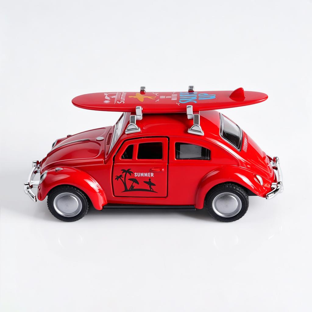1:36 Červený Volkswagen Brouk Kovový Model s Surfovým Prknem, Slitina Model na Zatáhnutí s Otevíracími Dveřmi, Retro Letní Plážová Hračka pro Děti