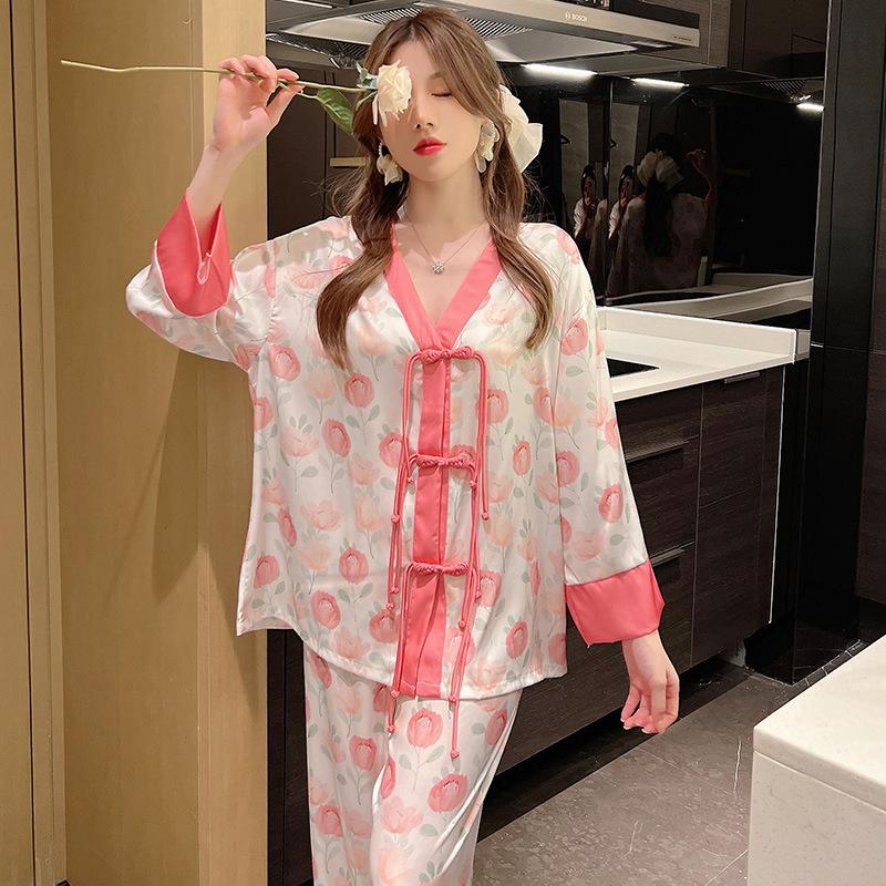 Pajamas women's spring and autumn new ice and snow silk printing long-sleeved two-piece set loose large size can be worn outside loungewear set