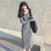 Womens V-Neck Knit Midi Dress Winter - Slim Fit Long Sleeve Cotton Blend Tunic In Black Grey