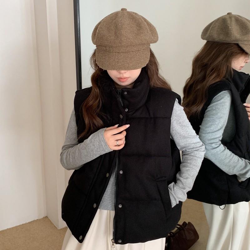 Womens Stand Collar Sleeveless Vest Solid Color Loose Short Winter Warm Commuter Outerwear