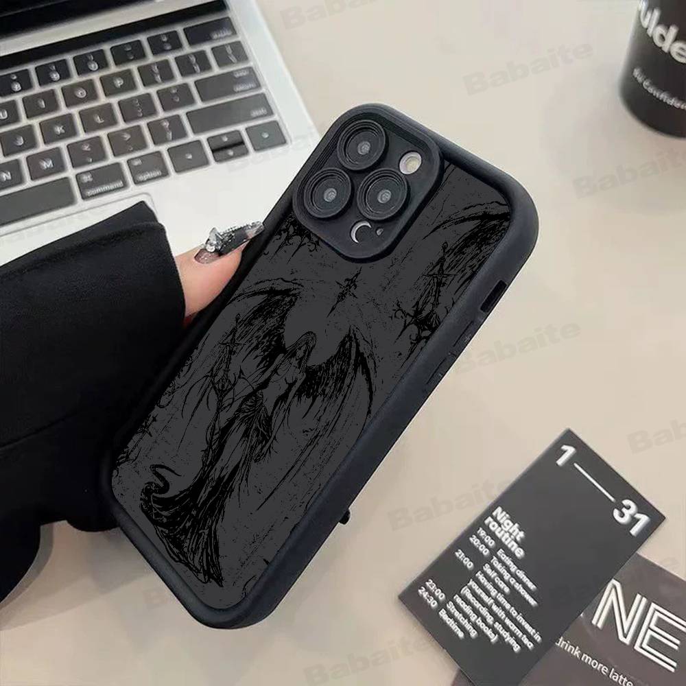 Luxury Black Angel Death Demon Phone Case For iPhone 17 16 15 14 13 12 11 Pro Max 16E Plus INS Soft Cover