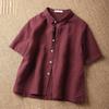 Letní lněný tenký styl jednobarevná retro košile s krátkým rukávem top dámský oblek límec krátký styl malé univerzální halenky a košile
