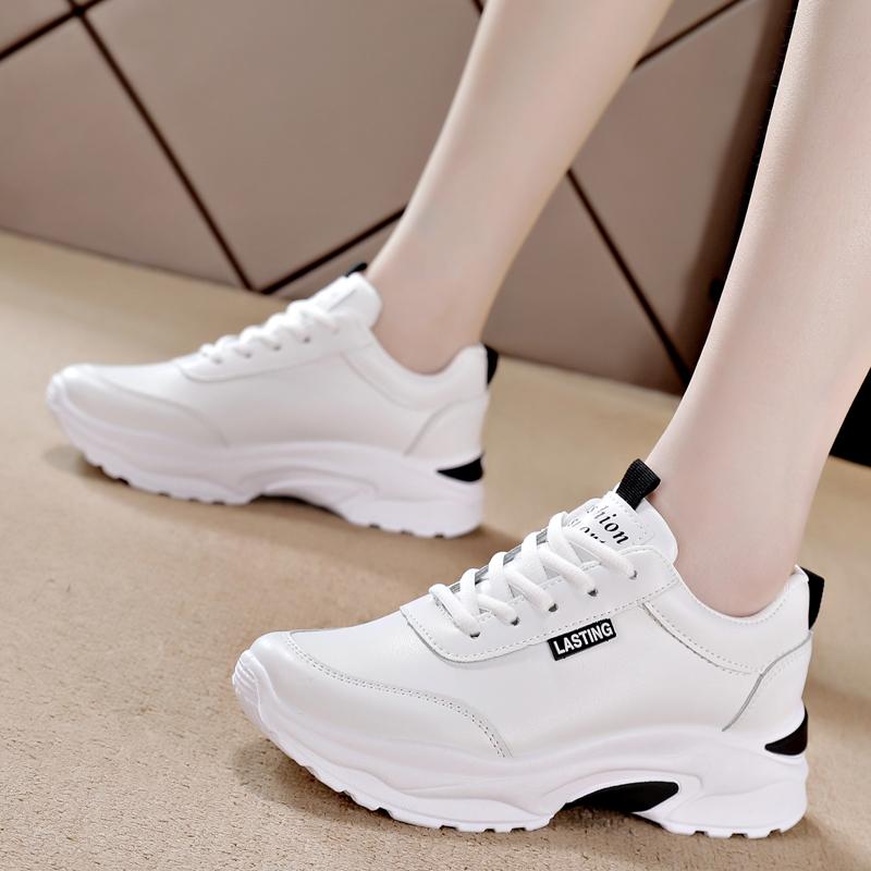 Women PU Leather Chunky Shoes Woman Platform Height Increased Sneakers 4CM Thick Sole Wedges White Casual Comfortable Vulcanized