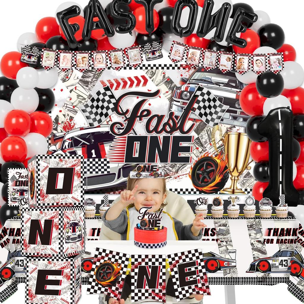 Fast One Birthday Decorations, 125 Pcs Race Car First 1st Birthday Party Supplies for Boys Baby - Banner, Cake Toppers, Balloons, Tablecloth,