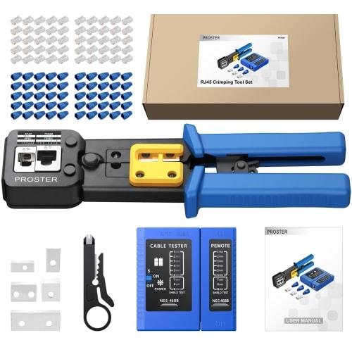 Proster Crimping Tool, Compatible with RJ45/RJ11/RJ12, CAT5/CAT6/CAT7, Cable Tester, Wiring Diagram, Replacement Blades, RJ45 Through-Type Connector,