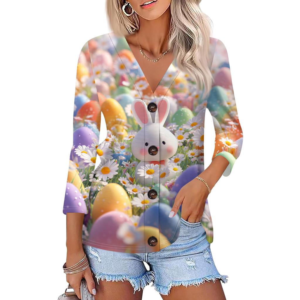 Women's Fashion Casual Print Button-down Shirt 3/4  Sleeve Tops