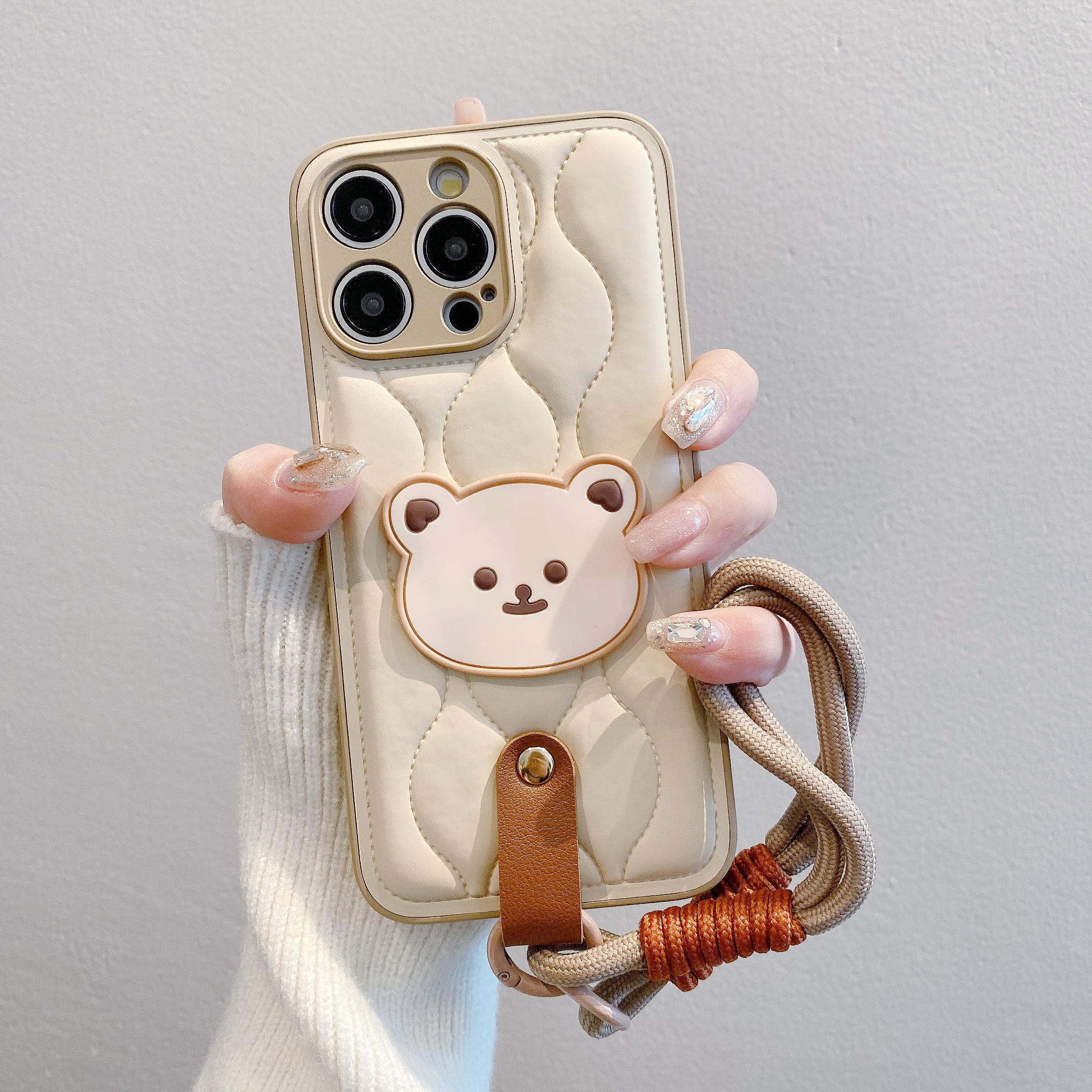 

For iPhone 15 Pro Case Cute Bear Down Jacket Design Leather+TPU Phone Cover with Wrist Strap White