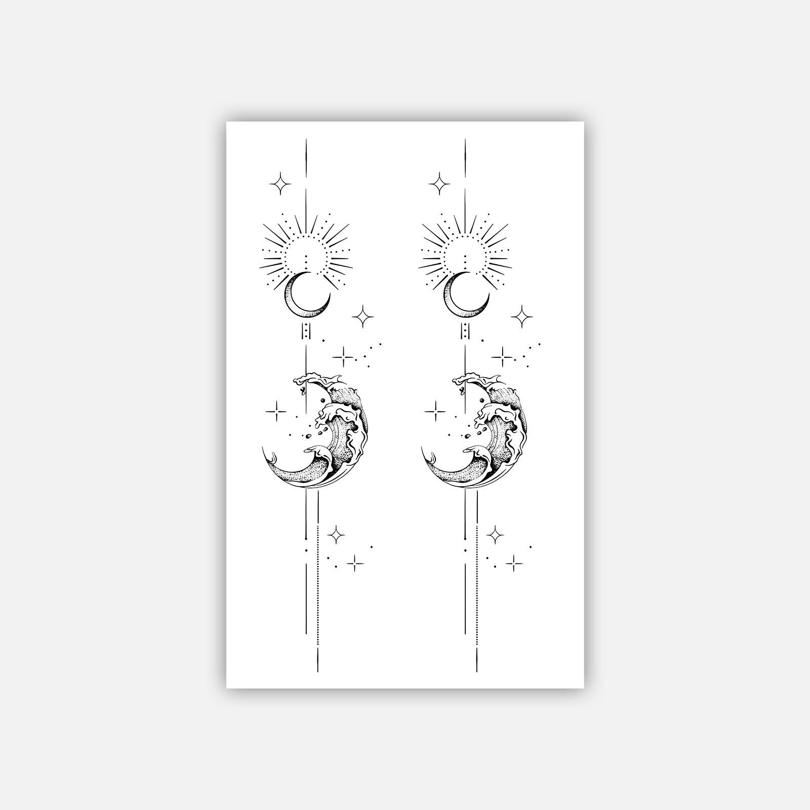 Premium Sense Personality Simple Spice Girl Wave Sun Moon Line Totem Back Tattoo Sticker 12*19