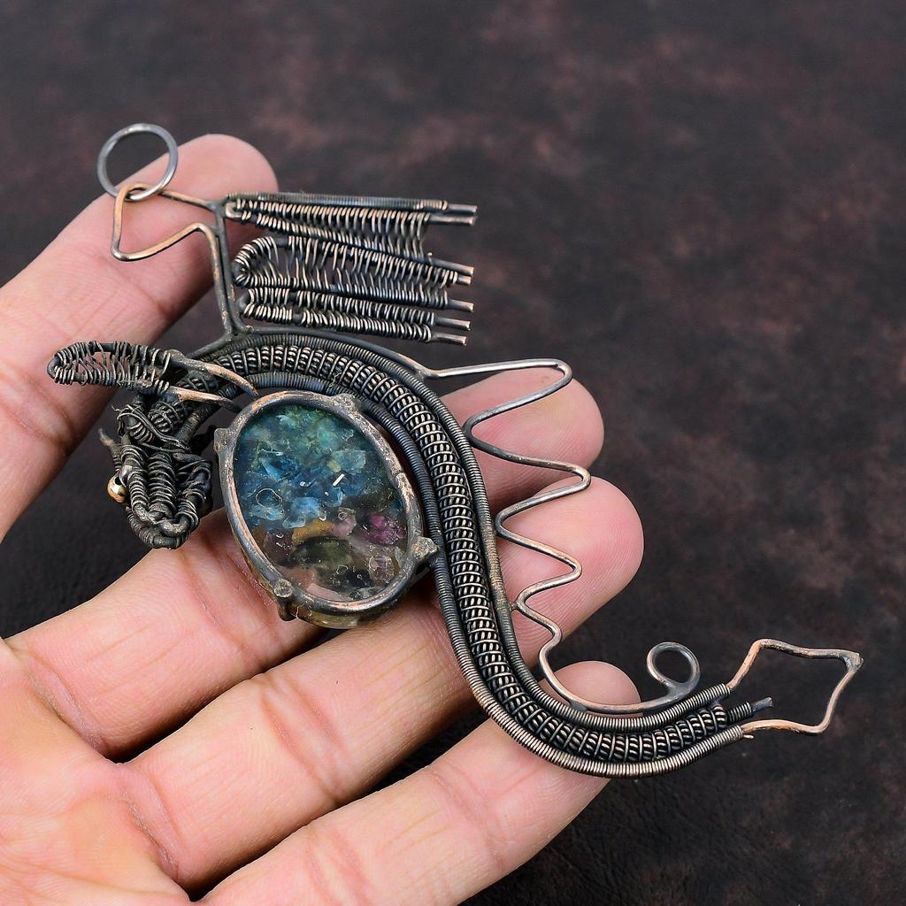 Watermelon Tourmaline Pendant Copper Wire Wrapped Pendant Real Gemstone Jewelry Handmade Dragon Pendant Designer Copper Jewelry Gift For Her