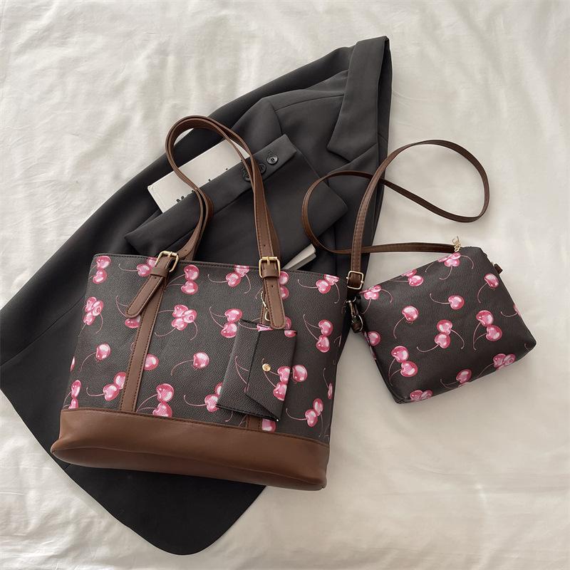 Einfaches Kirsch 3er Set Schultertaschen für Damen Große Kapazität Damen Pu Umhängetasche Tragbare Damen Einkaufstasche Handtaschen