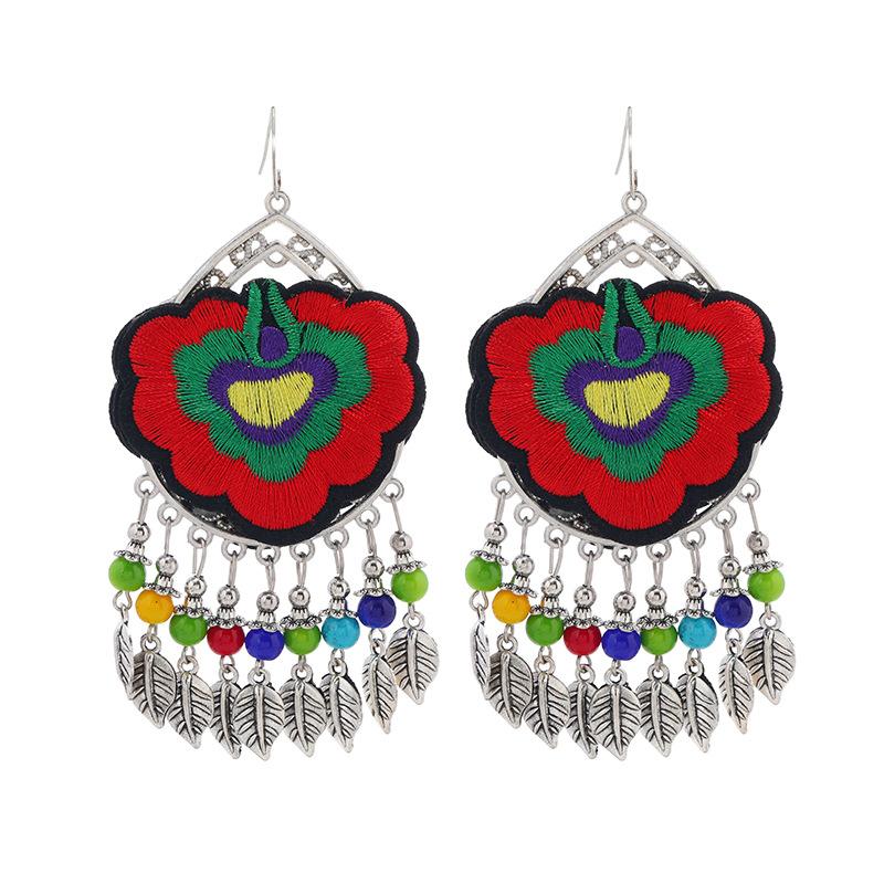 Yunnan Double-sided Embroidered Fabric Earrings, Long Leaf Tassel Personalized Earrings, Retro Miao Earrings for Women
