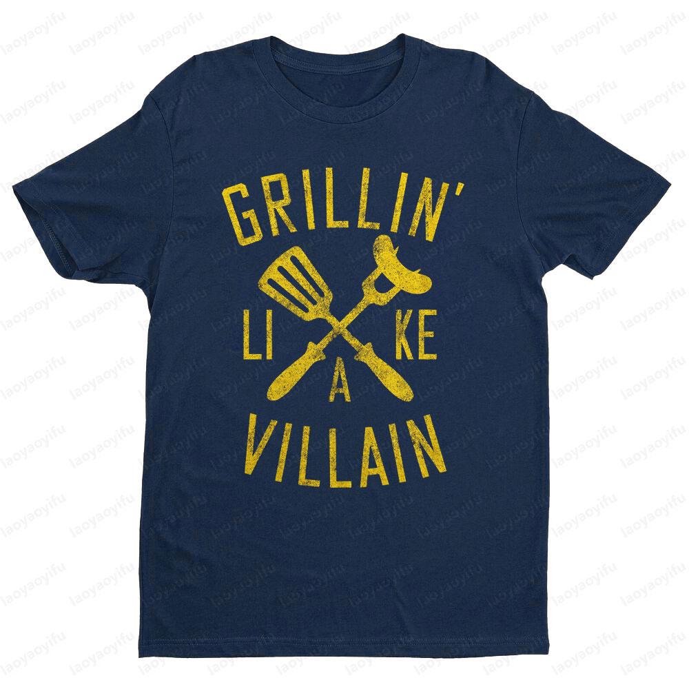 Grillin Like A Villain Mens T Shirt Funny Cookout Enthusiast Tee Tops Creative Pattern Tshirt BBQ Lover Gift Short Sleeve