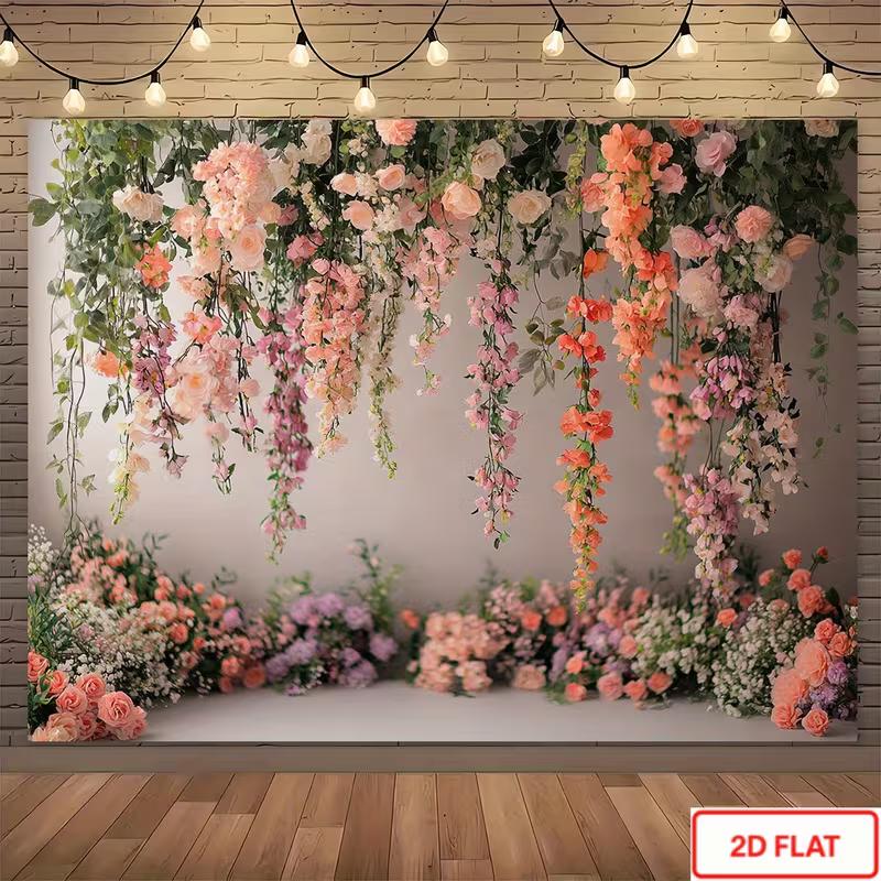 2D Cascading Vine Flower Brick Wall Backdrop Bridal Shower Photo Booth Background