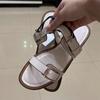 Fashion Comfortable Beige Soft Leather Flat Sandals Women Fashion Metal Buckle Designer Shoes Summer Sexy Open Toe Non Slip Beach Shoes