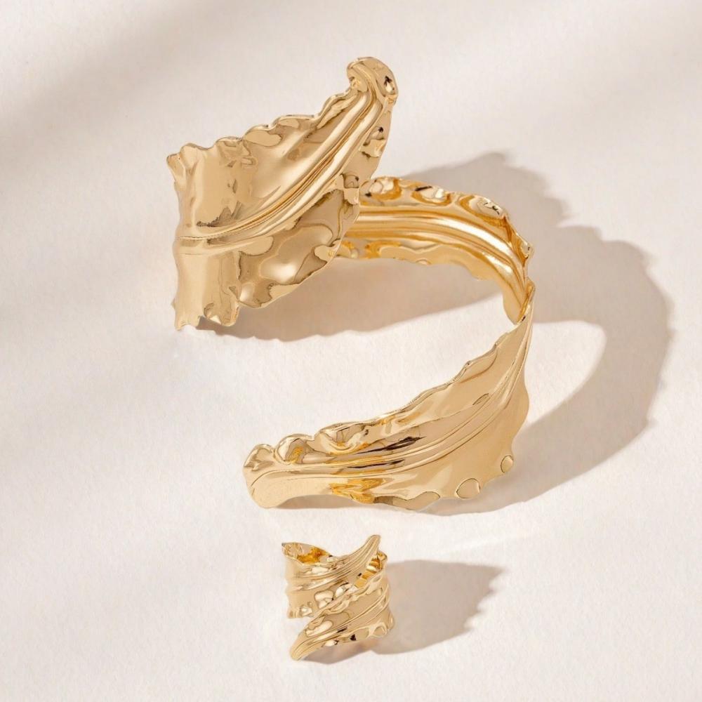 S Vintage Fashion Folded Leaf Bracelet Spiral Opening Adjustable Ring Set For Women Girls Holiday Party Fashion Jewelry Gifts