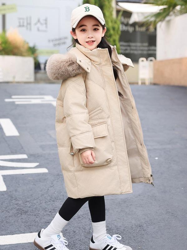 2024 Mid-Length Girls' Thick White Duck Down Jacket - Korean Style Warm Winter Outerwear