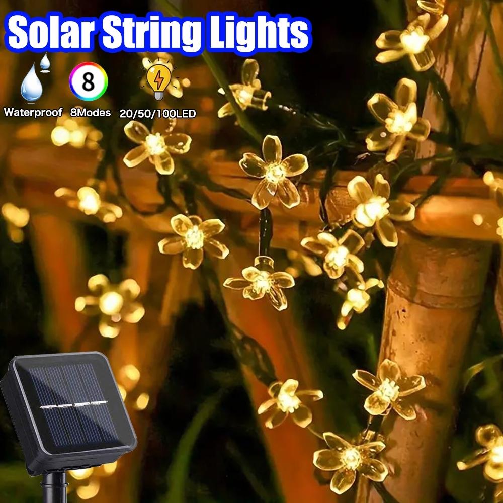 100/50/20LED Solar Powered Cherry Blossom Fairy Lights, Auto on/Off Waterproof Outdoor Garden Decor for Wedding Valentine’s Day Gift