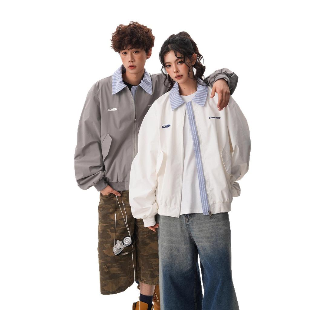 2025 new fake two-piece lapel jacket men's and women's autumn striped splicing baseball jacket loose couple cardigan