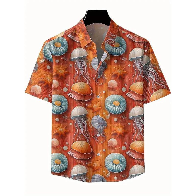 

Men s Casual Hawaiian Shirt Vibrant Geometric Jellyfish & Coral Reef Design Button Vacation Surfing Shirts S