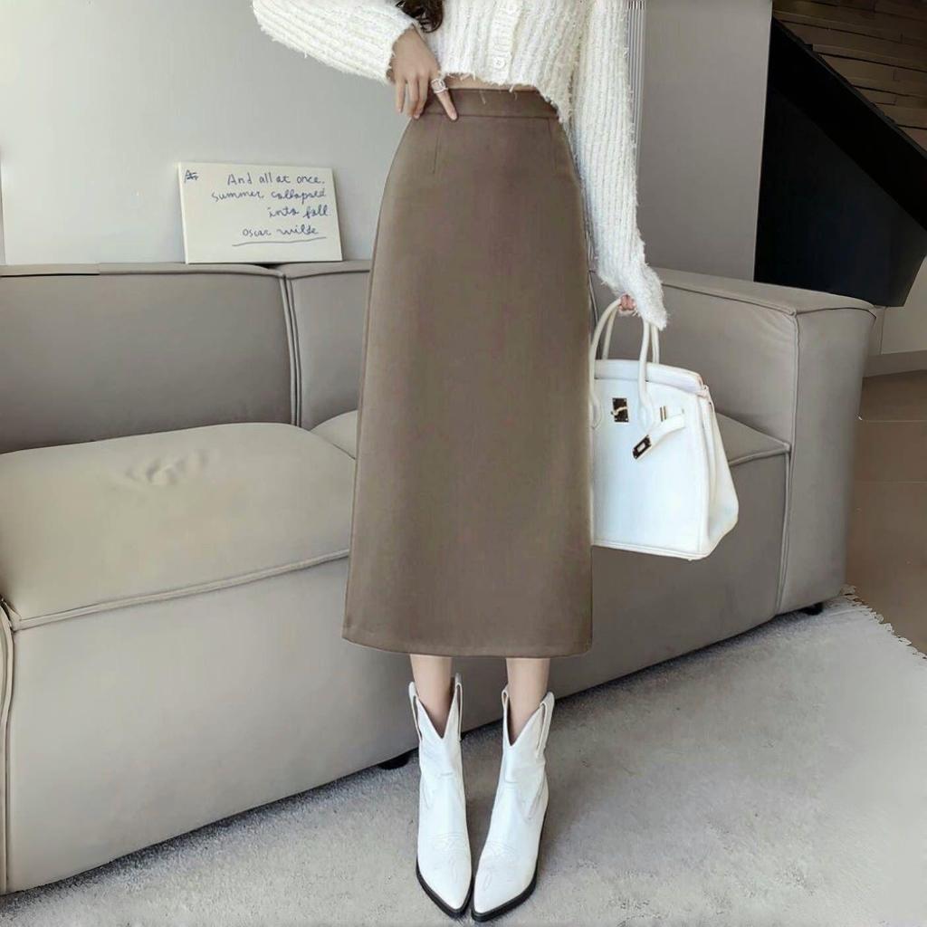 Women's 2025 Autumn Wool High-Waisted Mid-Length Pencil Skirt with Slit