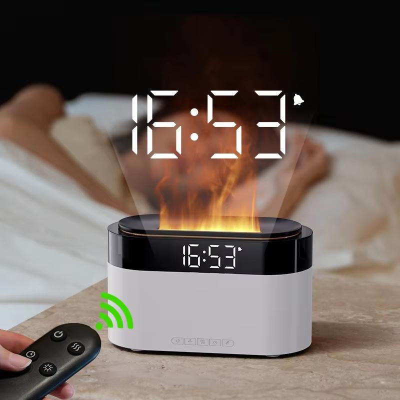 Clock Flame Effect Aroma Diffuser Essential Oil Humidifier Desktop Home Alarm Display Mist Device