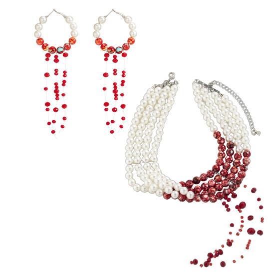 Rock Concert Outfit Accessories Gothic Blood Drop Choker, Layered Faux Pearl Necklace, Red Tassel Vintage Style Beaded Choker Earrrings, Punk Vampire
