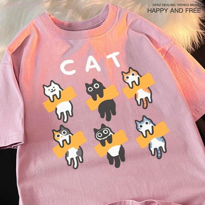 

Мультяшный милый узор с кошкой и собакой, забавная мужская футболка, свободная футболка, футболки, уличный крутой винтажный топ с коротким рукавом, женская 4XL