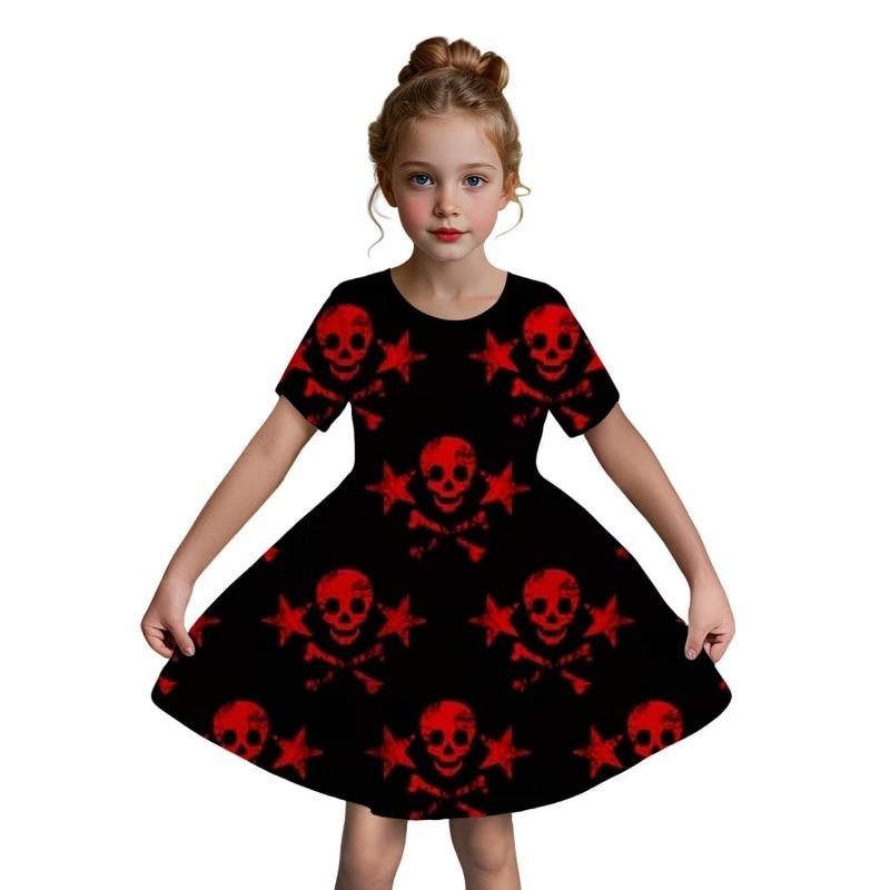 Gothic Cartoon Skull 3D Printed Girl Clothes Summer Princess Elegant Dresses Comfortable Short Sleeve Dress Fashion Kids Clothes
