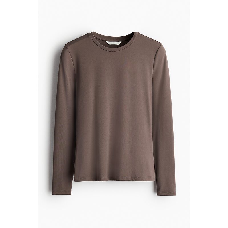 

HM Women s T-shirt Autumn Elastic round Neck Soft Comfort and Casual Slim Fit Bottoming Top 1191700 Dark brown 160/88(S)